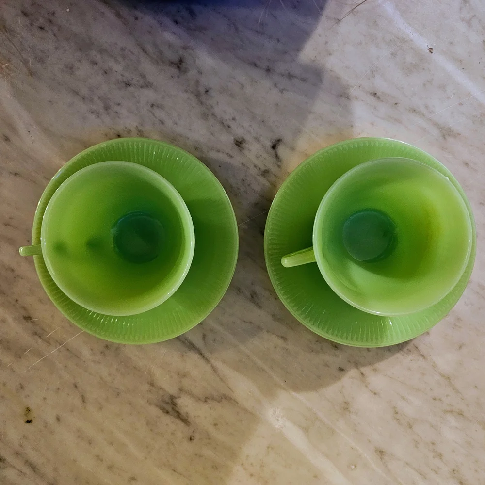 Fire King Jane Ray Jadeite Cup & Saucer Set of 2 Vintage USA Green Milk Glass